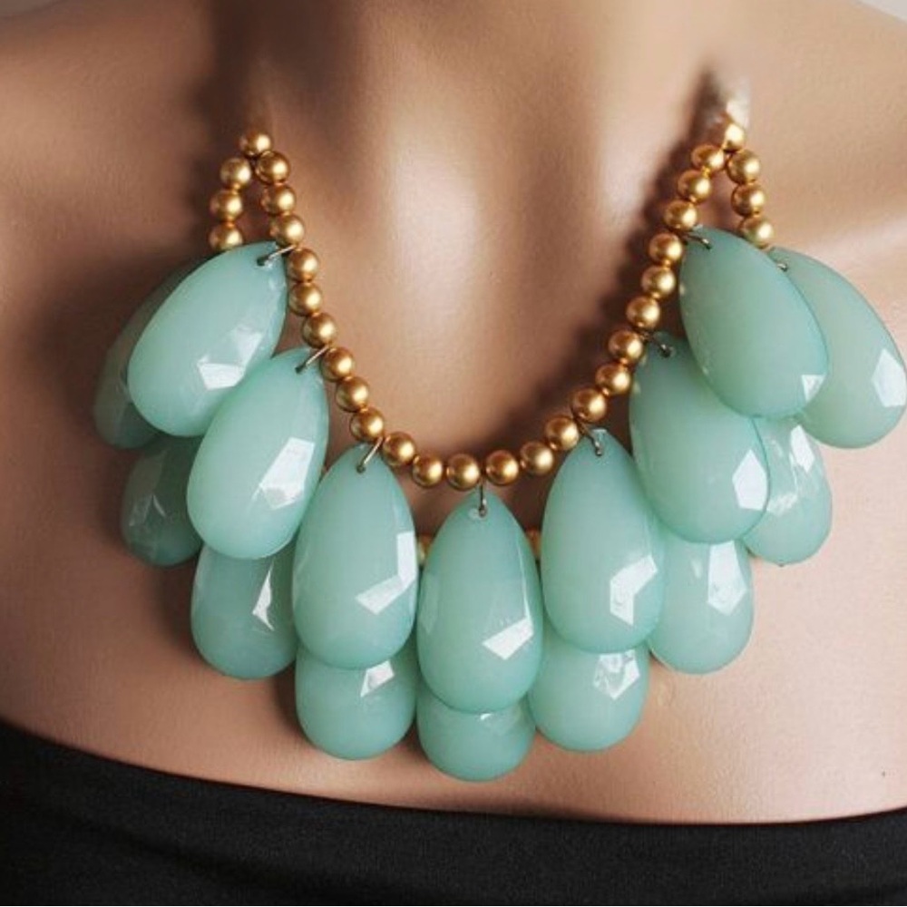 Mint Teardrop Double Layer Necklace| Gold Tone Beads | Chunky Statement Jewelry
